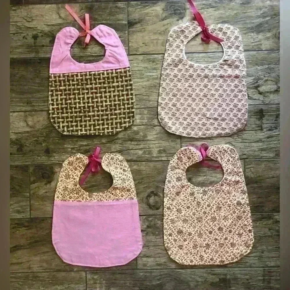 LOT OF 4 BABY GIRL PINK HANDMADE VTG FABRIC BIBS
